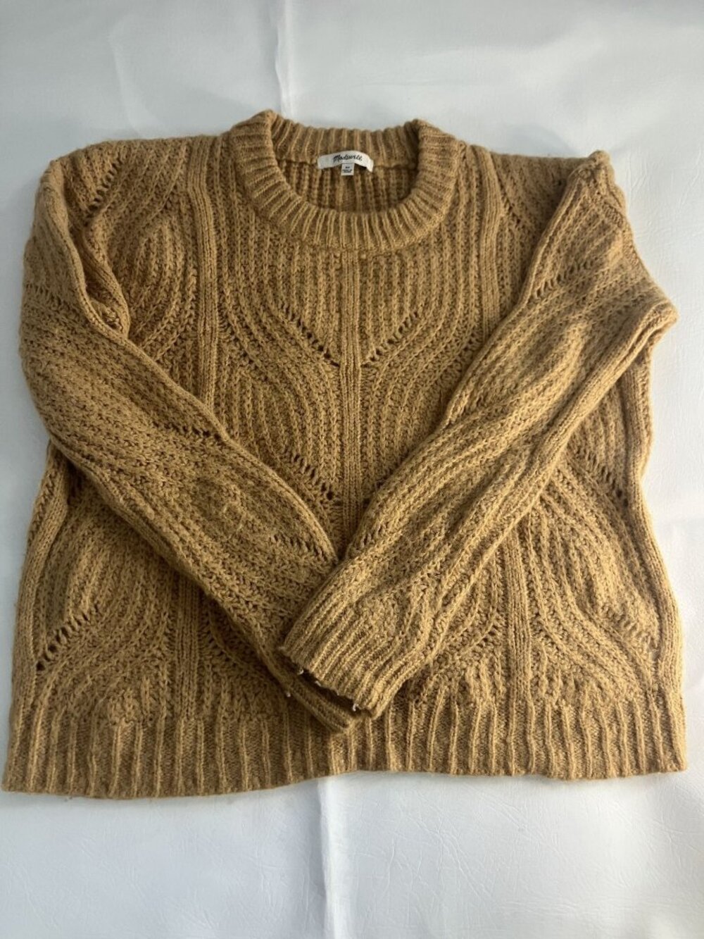 Madewell Tan Cable Knit Crewneck Sweater XS Acrylic Alpaca Blend
